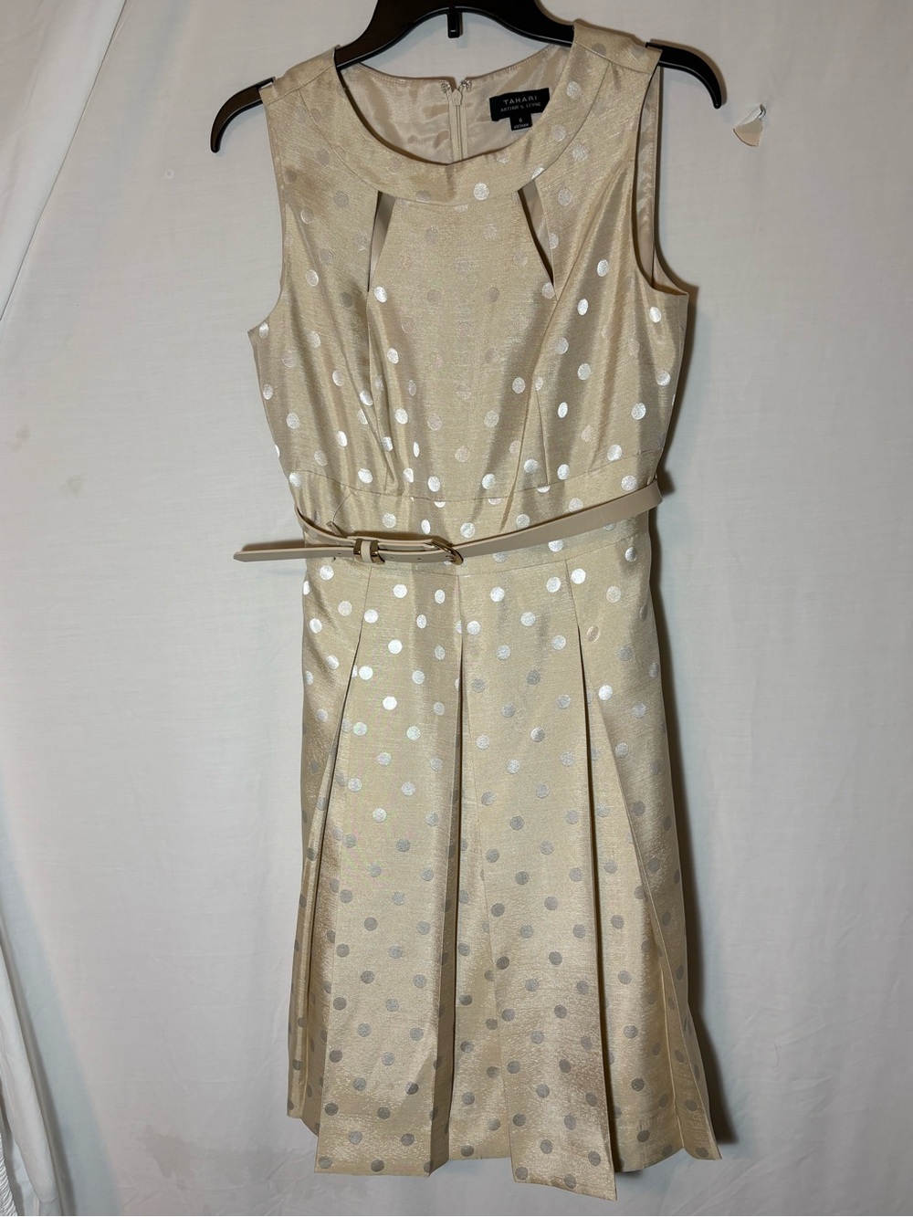 Tahari Gold Metallic Polka Dot Sleeveless Belted Midi Dress